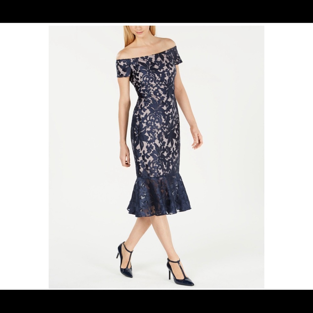 Calvin Klein off the shoulder navy lace dress